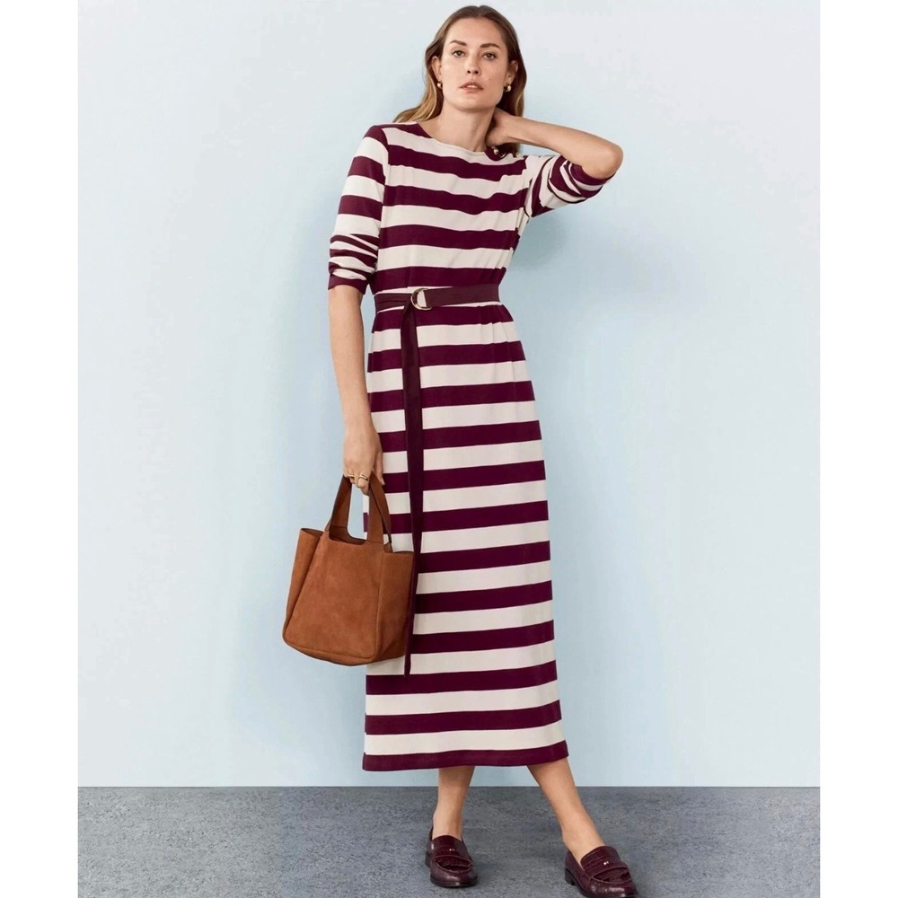 Ann Taylor Weekend Dress Burgundy Cream Striped Long Sleeve Belted Knit Midi S